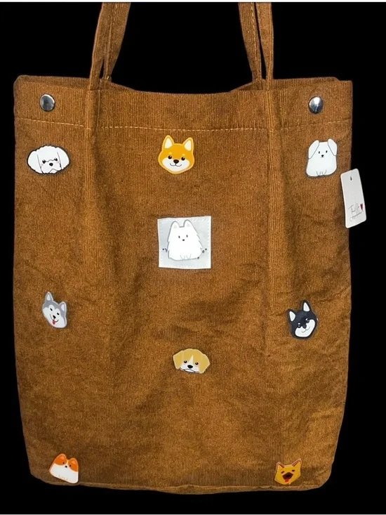 Hand Crafted Brown 9 Dog Pins Tote Bag - Casual Women's Shoulder Bag - Picture 1 of 17
